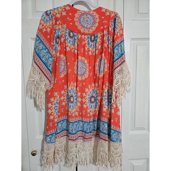 Umgee 1xl 2xl women's open front long kimono with crochet lace fringe - Picture 5 of 9